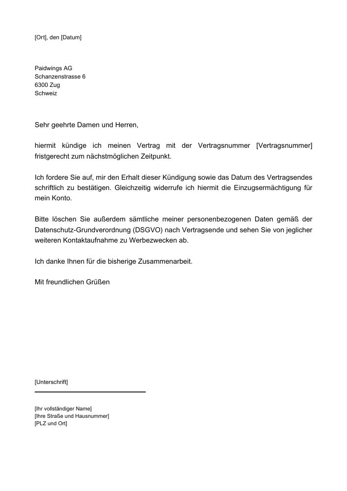 Paidwings AG Kündigung