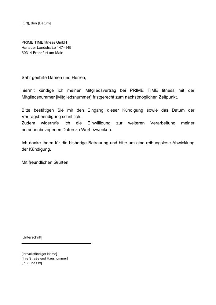 PRIME TIME fitness Kündigung
