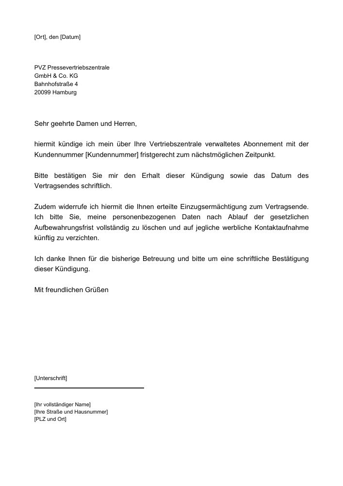 PVZ Pressevertriebszentrale Kündigung