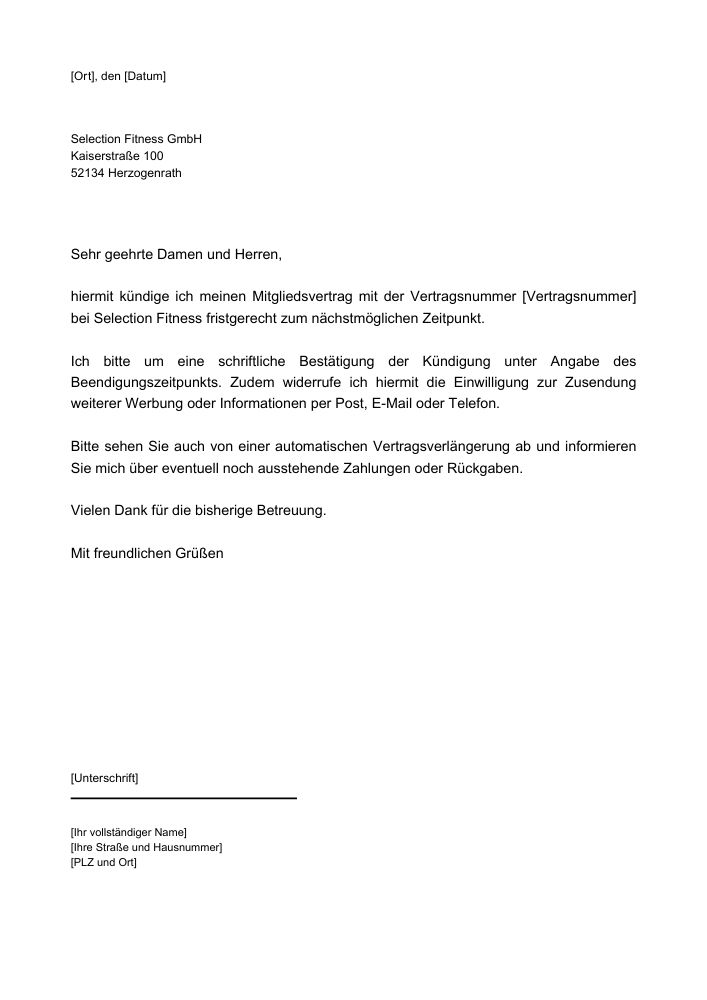 Selection Fitness Kündigung